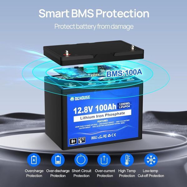 Аккумулятор LiFePO4 12V 100A литиевая батарея 1280 Вт*ч встроенная BMS 100A Bluetooth APP DCHOUSE B0CYQ4D100А фото