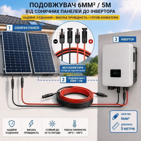 Кабель H1Z2Z2-K 6 мм&sup2; красный/черный 2х 5 м для подключения солнечной панели к инвертора с MC4 1MC461MC45m фото