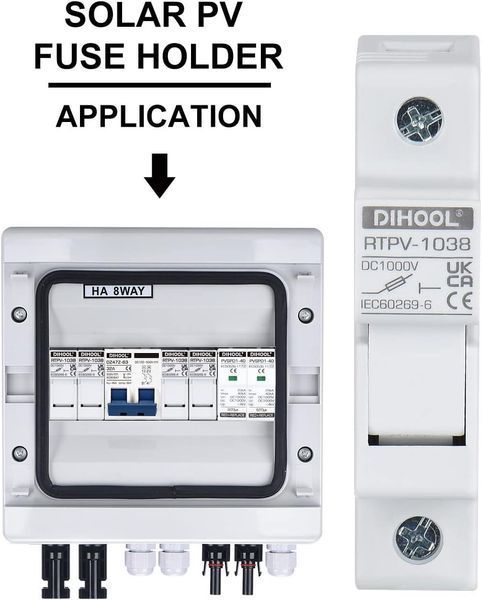 Набор тримачі запобіжника 10x38 1Р 32Ах4шт та Fuse 32Aх6шт PV 1000V DC 20 kA з din-рейкою DIHOOL 1038x4 Fuse 32Ax6 фото