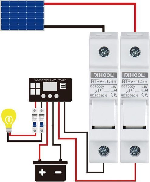 Набор тримачі запобіжника 10x38 1Р 32Ах4шт та Fuse 32Aх6шт PV 1000V DC 20 kA з din-рейкою DIHOOL 1038x4 Fuse 32Ax6 фото