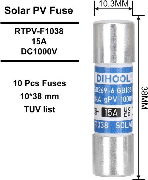 Запобіжник постійного струму gPV 10x38 15A 1000VDC 20 kA DIHOOL gPV 1038 Fuse 15A фото