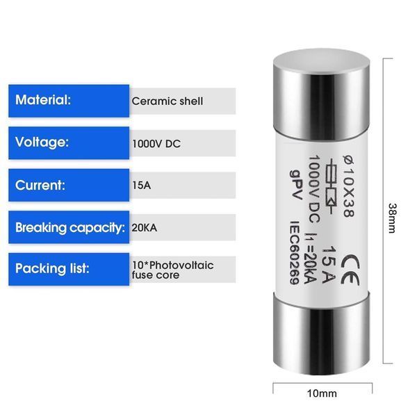 Запобіжник постійного струму gPV 10x38 15A 1000VDC 20 kA DIHOOL gPV 1038 Fuse 15A фото