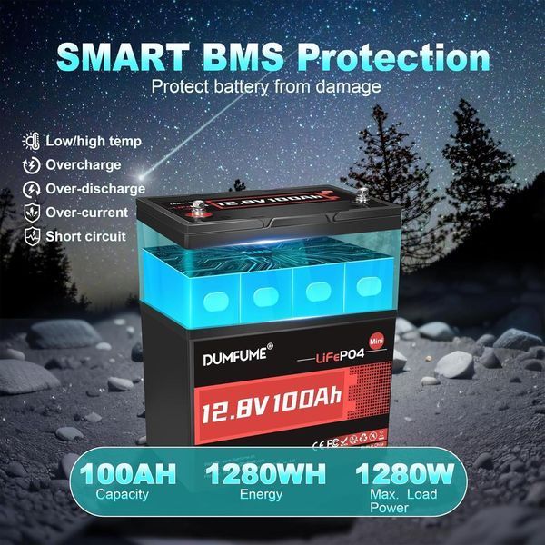 Aккумулятор Batterie-LiFePO4 12V 100A литиевая батарея 1280 Wh встроенная BMS 100A Dumfume B0DLGNJH8P фото