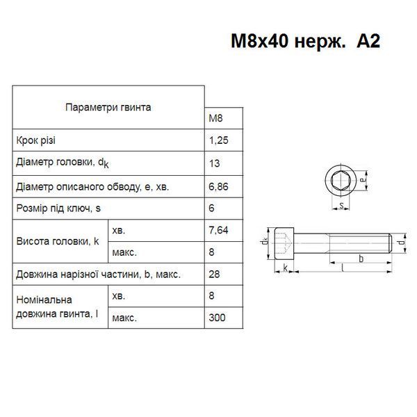 Гвинт М8х40 DIN912 сталь нержавіюча А2 Гвинт М8х40 нерж фото