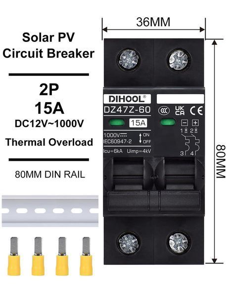 Солнечный фотоэлектрический выключатель 2P-15A постоянного тока 1000VDC DIHOOL DZ47ZH-2P-15A-1000V фото
