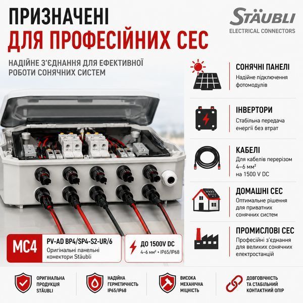 Оригинальные панельные коннекторы MC4 4-6 мм2 1500V DC пара MC-socket PV-AD BP4/SP4-S2-UR/6 Staubli K/MC4/R(STAUBLI) фото