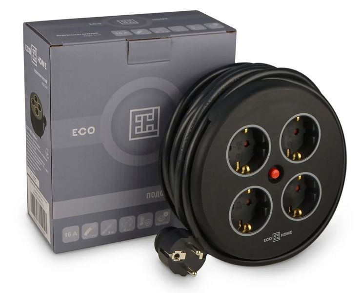 Подовжувач круглий 4 гнізда 5м с заземленням чорний серії Grot ECO019001018 для організації електроживлення вдома ECO019001018 фото