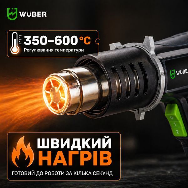 Фен будівельний 2000Вт регулювання 350&ndash;600&deg;C для термоусадки кабелів з насадками WUBER WR-HG-2000 фото