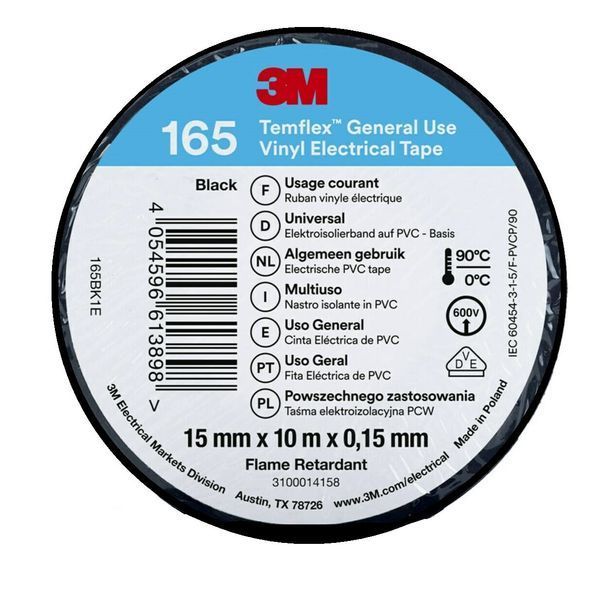 Изоляционная лента 3M черная ПХВ 15х 0,15мм х10м, 10 рулонов огнестойкий black TEMFLEX 165 3M&trade; 71001847100m фото
