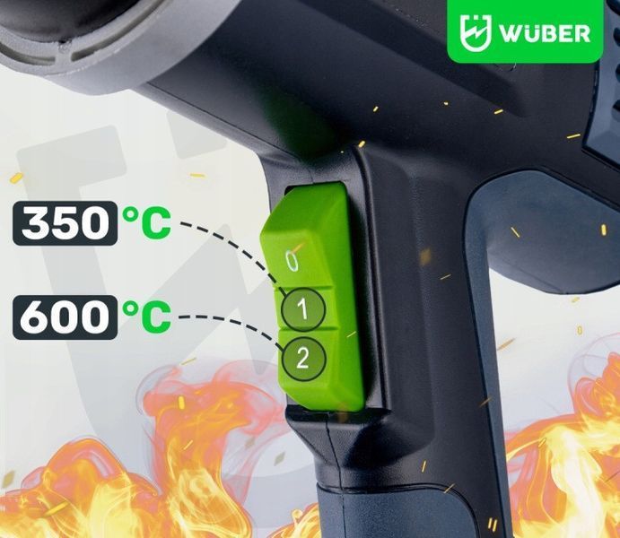 Фен будівельний 2000Вт регулювання 350&ndash;600&deg;C для термоусадки кабелів з насадками WUBER WR-HG-2000 фото