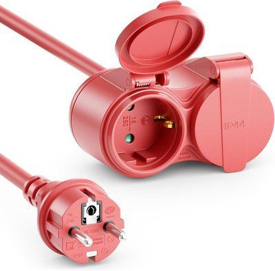 Удлинитель с/у двух красных розеток внешний IP44 резиновый 2 метра H07RN-F 3G1.5 мм2 IP44 deleyCON 2MK5628 фото