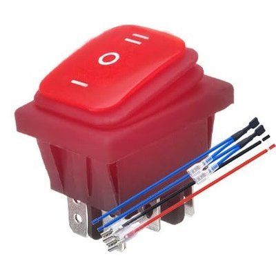 Переключатель перекидной KCD4-201NR красный с подсветкой 12V DC 6Pin И-Off-II кабелем со штекер IP65 переключатель реверса KCD4-201NRs DC red 12-24V фото