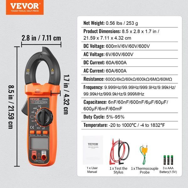 Токовые клещи мультиметр DC/AC 600А VEVOR EM4370 EM4370 фото