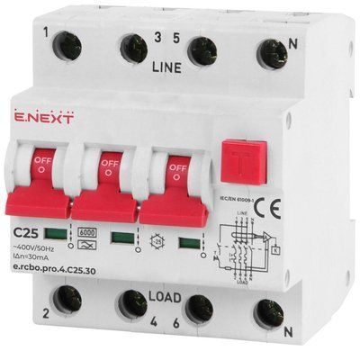 Выключатель дифференциального тока с защитой от сверхтоков e.rcbo.pro.4.C25.30, 3P+N, 25А, С, тип А, 30 E.NEXT p0720016 фото