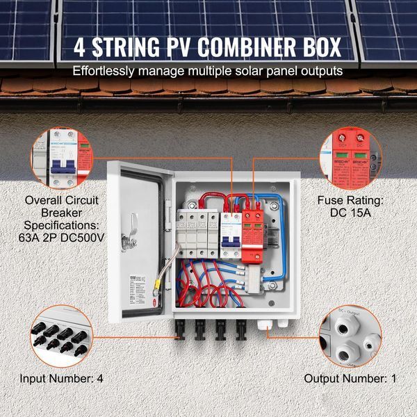 Розподільний щит металевий з блоком захисту 4 Streng PV 40кА 15A 500V IP65 VEVOR PV 40кА 15A stal фото