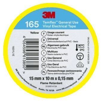 Изоляционная лента 3M желтая ПХВ 15х 0,15мм х10 метров огнестойкий yellow винил TEMFLEX 165 3MTM 7100184732 фото