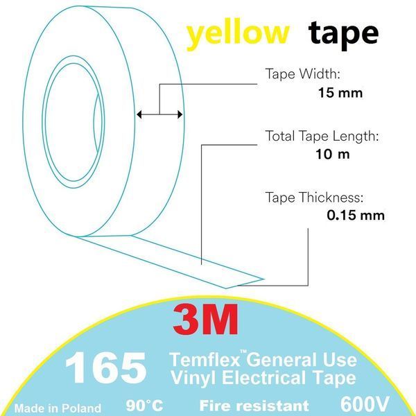Изоляционная лента 3M желтая ПХВ 15х 0,15мм х10 метров огнестойкий yellow винил TEMFLEX 165 3MTM 7100184732 фото
