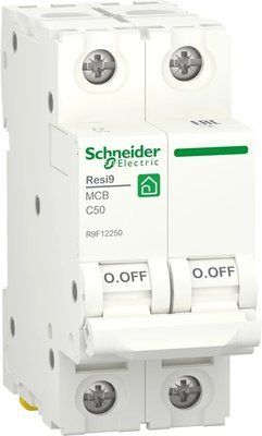 Выключатель автоматический на 50 ампер двухклавишный Resi9 2P 50А С 6кА Schneider для электропроводки R9F12250 фото