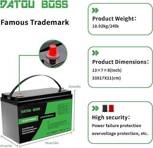 Літієва батарея Lifepo4 100A 12V 1280Wh з захистом BMS 15000 циклів DATOUBOSS Lifepo4 100Ah 12V фото