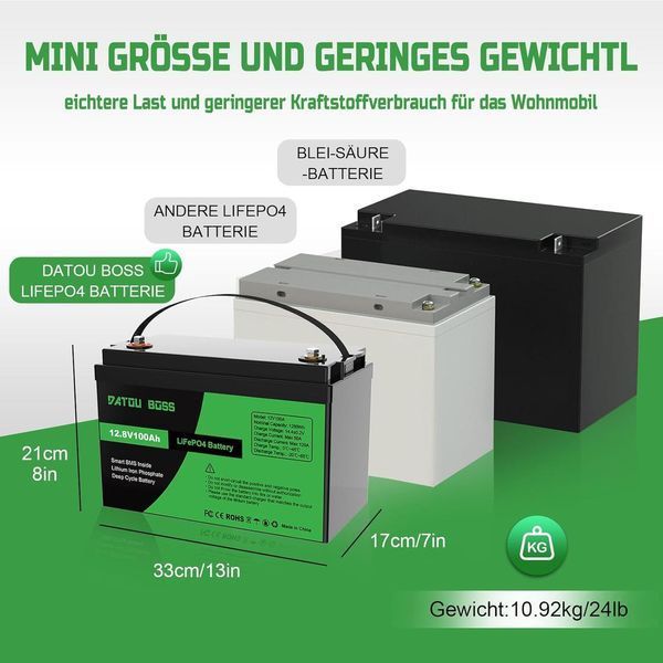 Літієва батарея Lifepo4 100A 12V 1280Wh з захистом BMS 15000 циклів DATOUBOSS Lifepo4 100Ah 12V фото