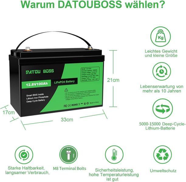 Літієва батарея Lifepo4 100A 12V 1280Wh з захистом BMS 15000 циклів DATOUBOSS Lifepo4 100Ah 12V фото