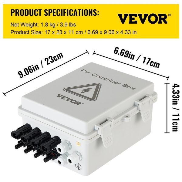 Розподільний щит АБС-пластик з блоком захисту 4 Streng PV 40кА 15A 500V IP65 VEVOR PV 40кА 15A ABS фото